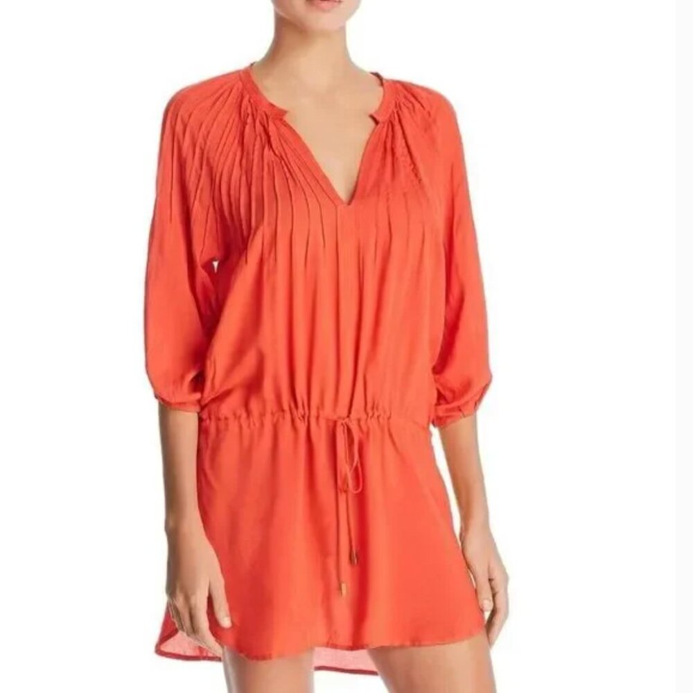 VIX coral orange red swim cover up tunic dress with drawstring waist